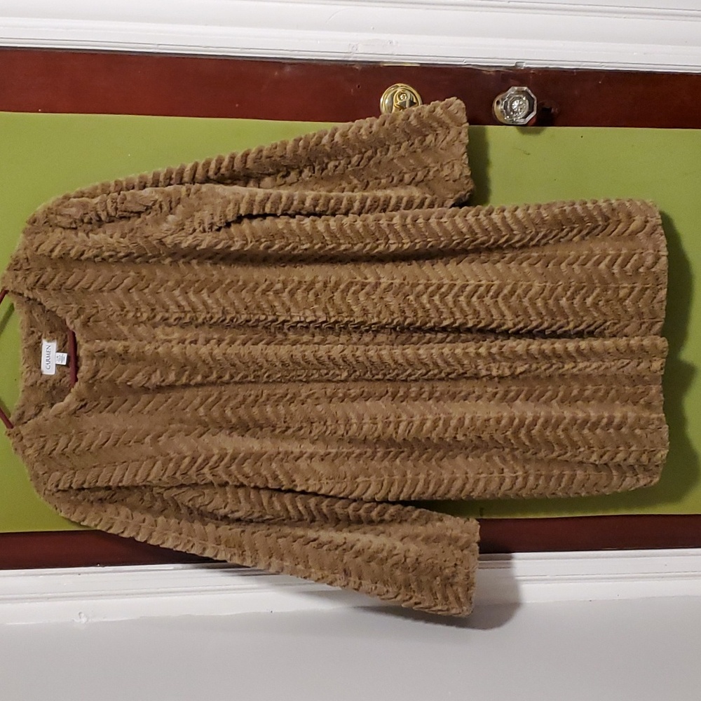 Carmen Marc Valvo Faux Fur Long Jacket Coat Large Chevron